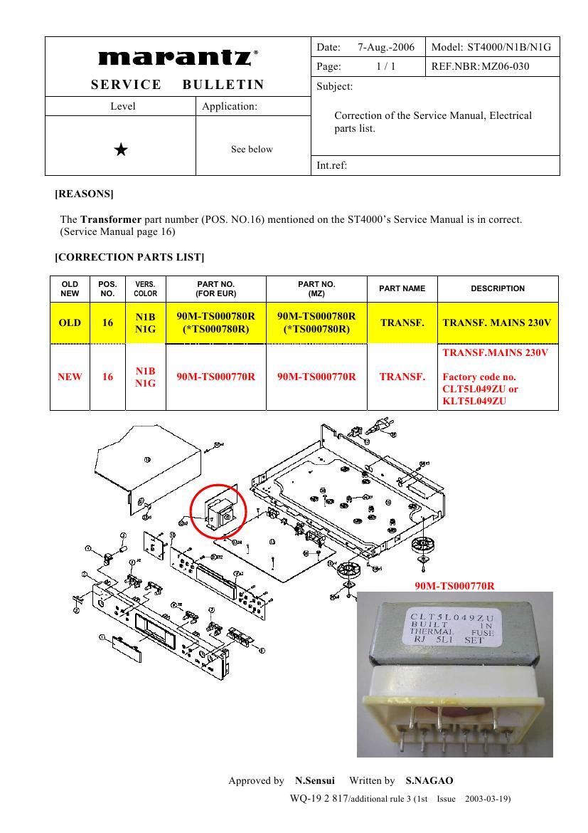 Marantz ST 4000 Service Bulletin