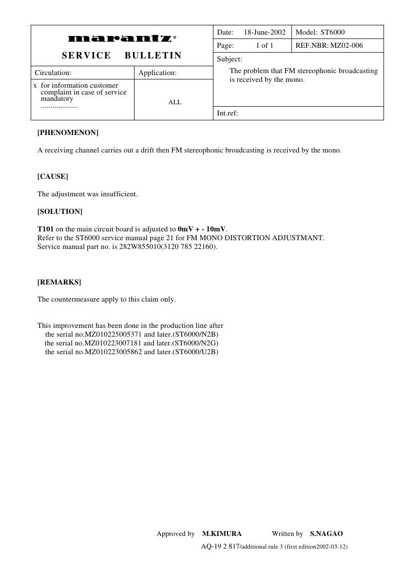 Marantz ST 6000 Service Bulletin