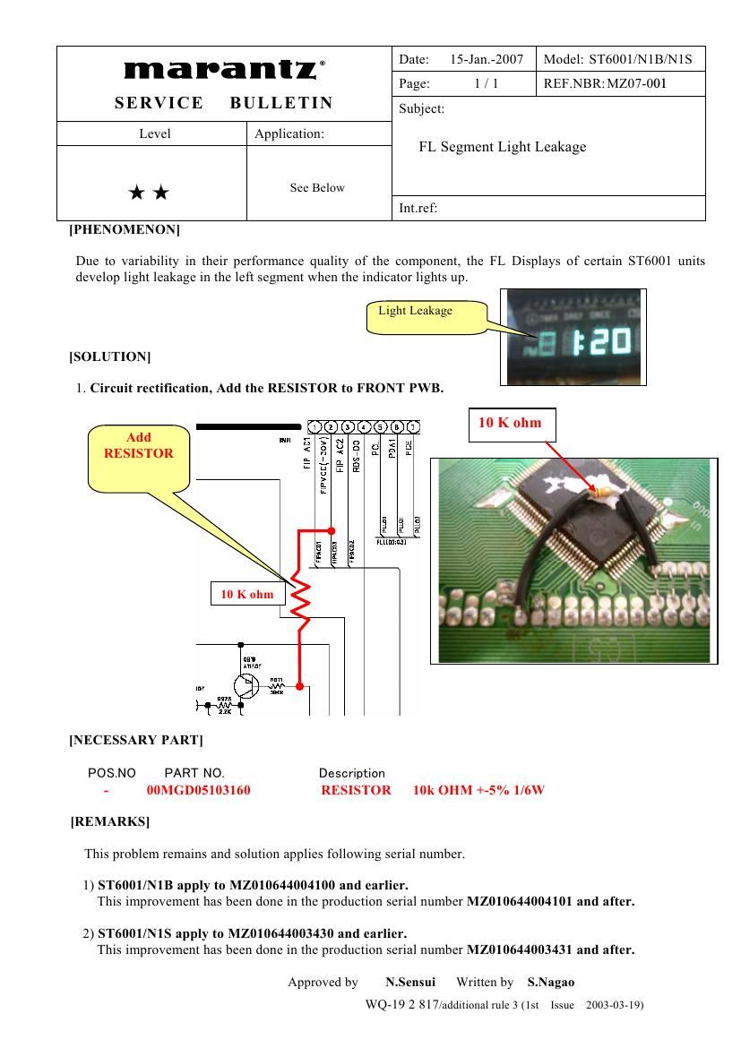 Marantz ST 6001 Service Bulletin