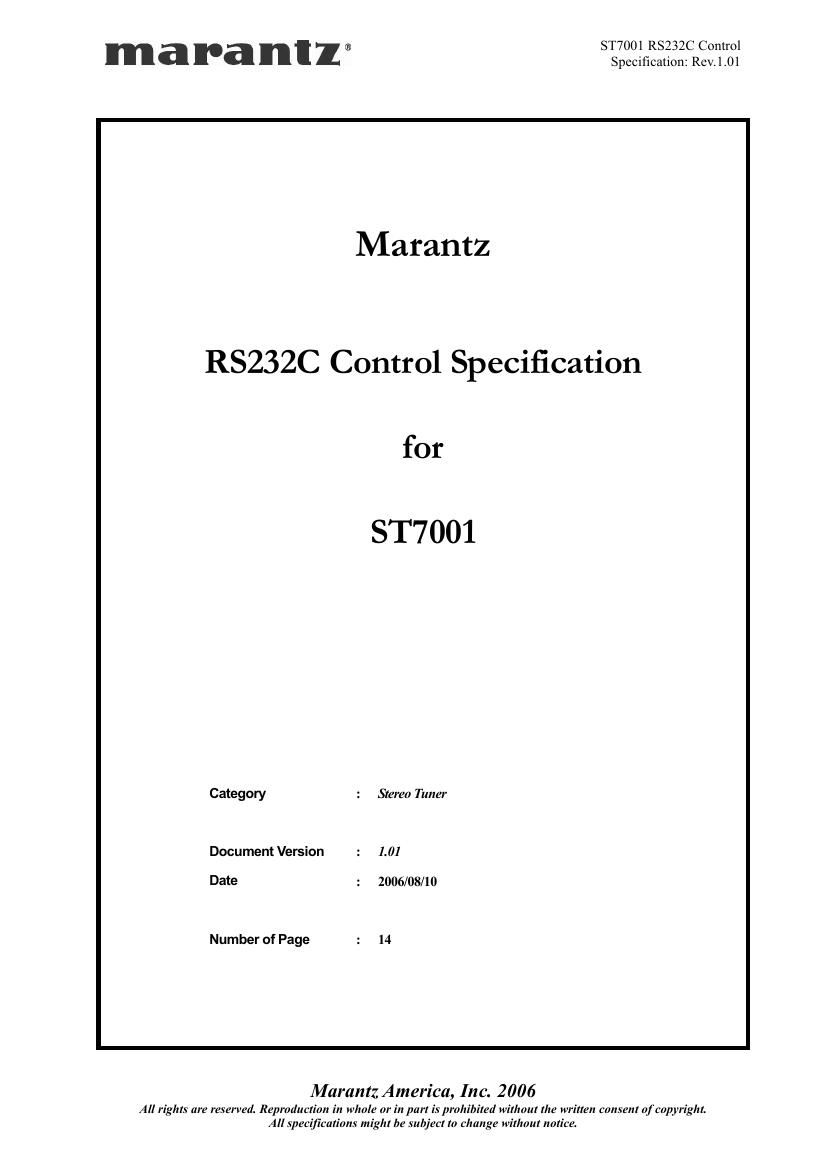 Marantz ST 7001 RS 232C Control Specification
