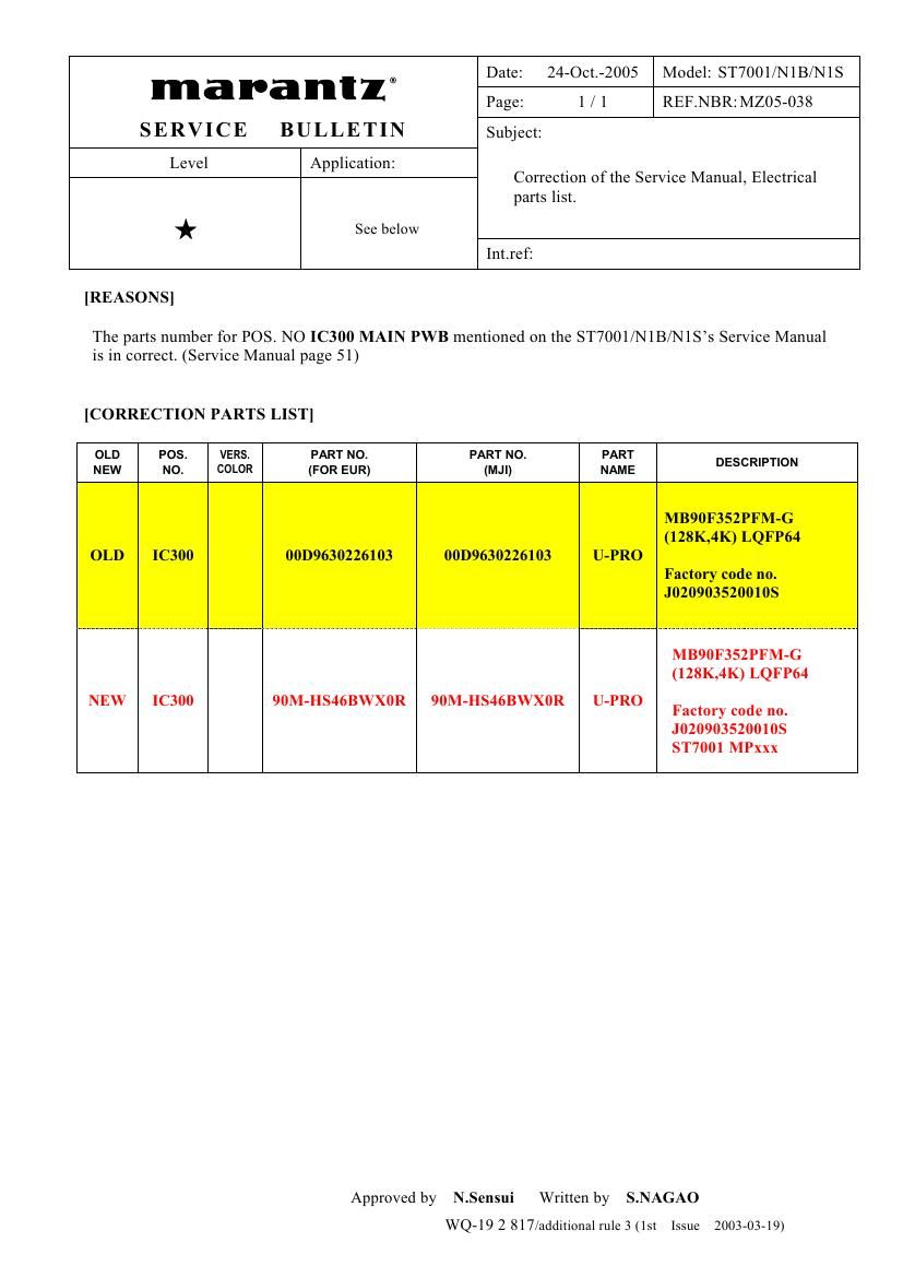 Marantz ST 7001 Service Bulletin