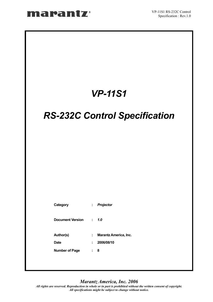 Marantz VP 11 S 1 RS 232C Control Specification