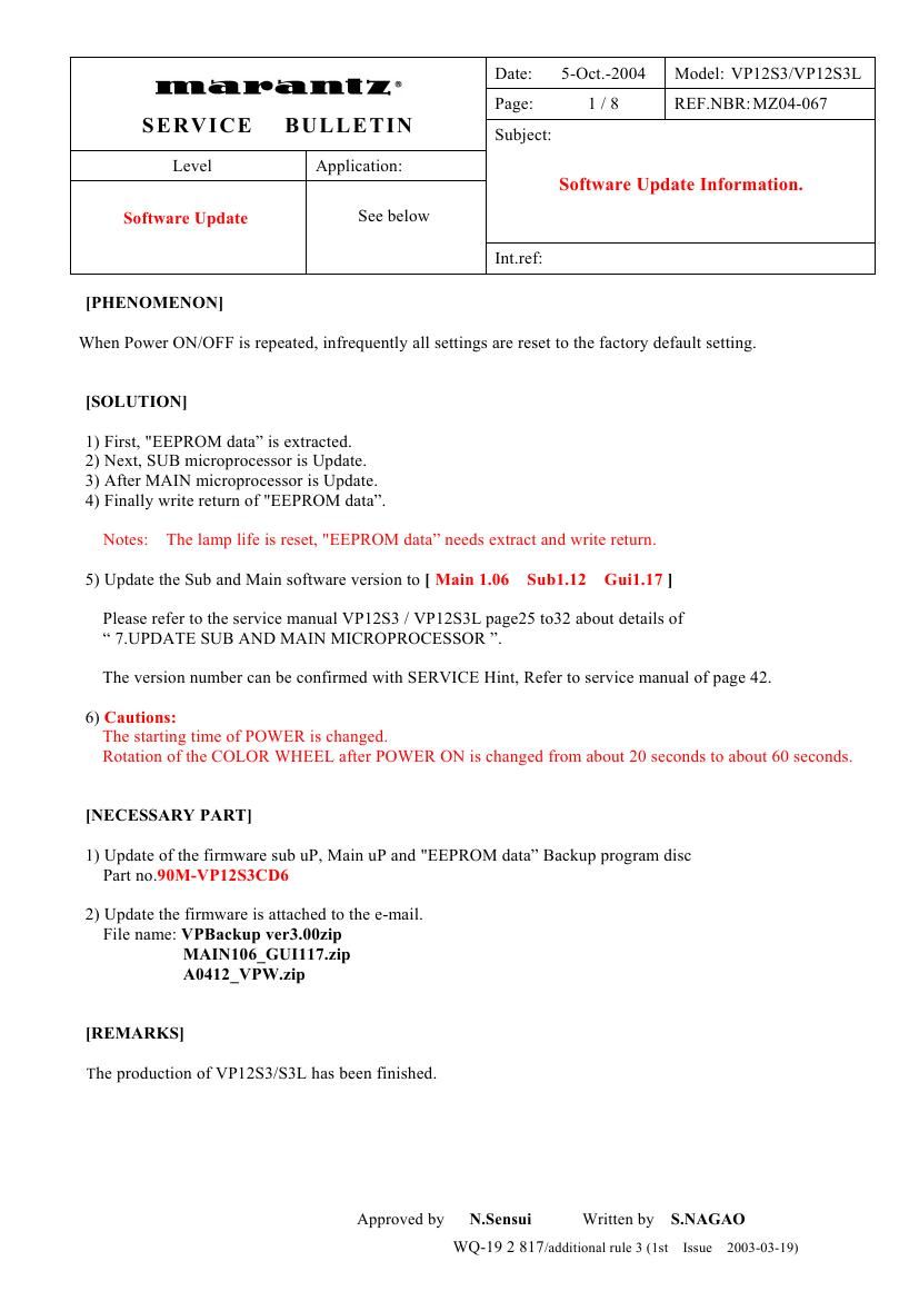 Marantz VP 12 S 3 Service Bulletin 2