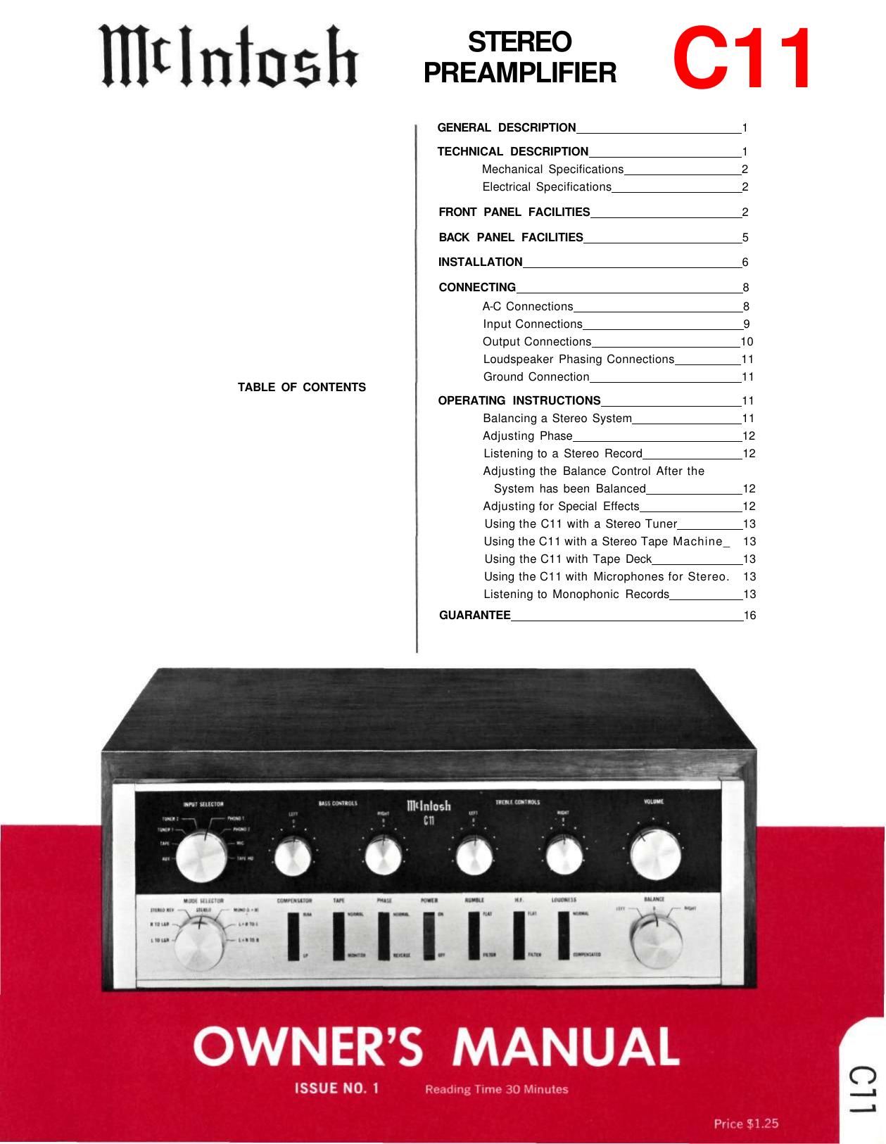 McIntosh C11 Owners Manual