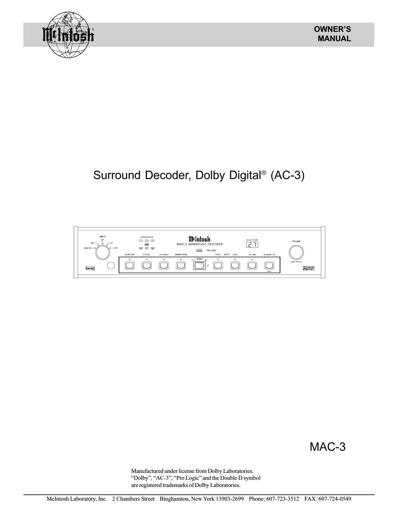 McIntosh MA C3 Owners Manual