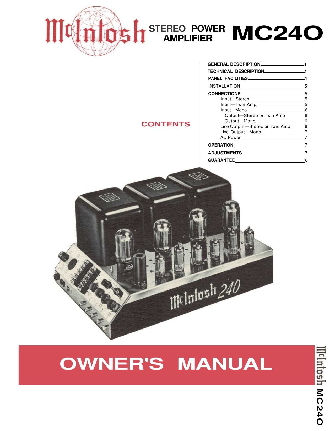 McIntosh MC 240 Owners Manual