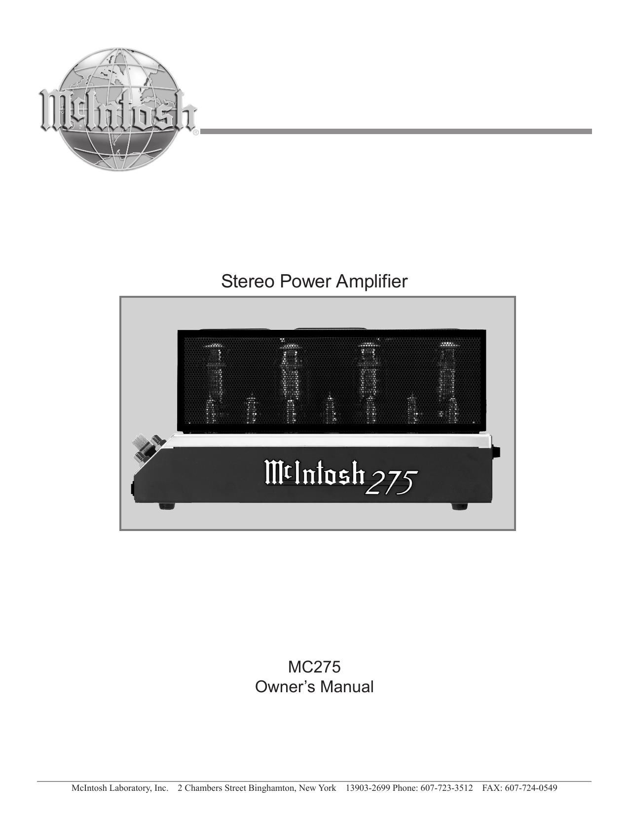 McIntosh MC 275 MK V Owners Manual
