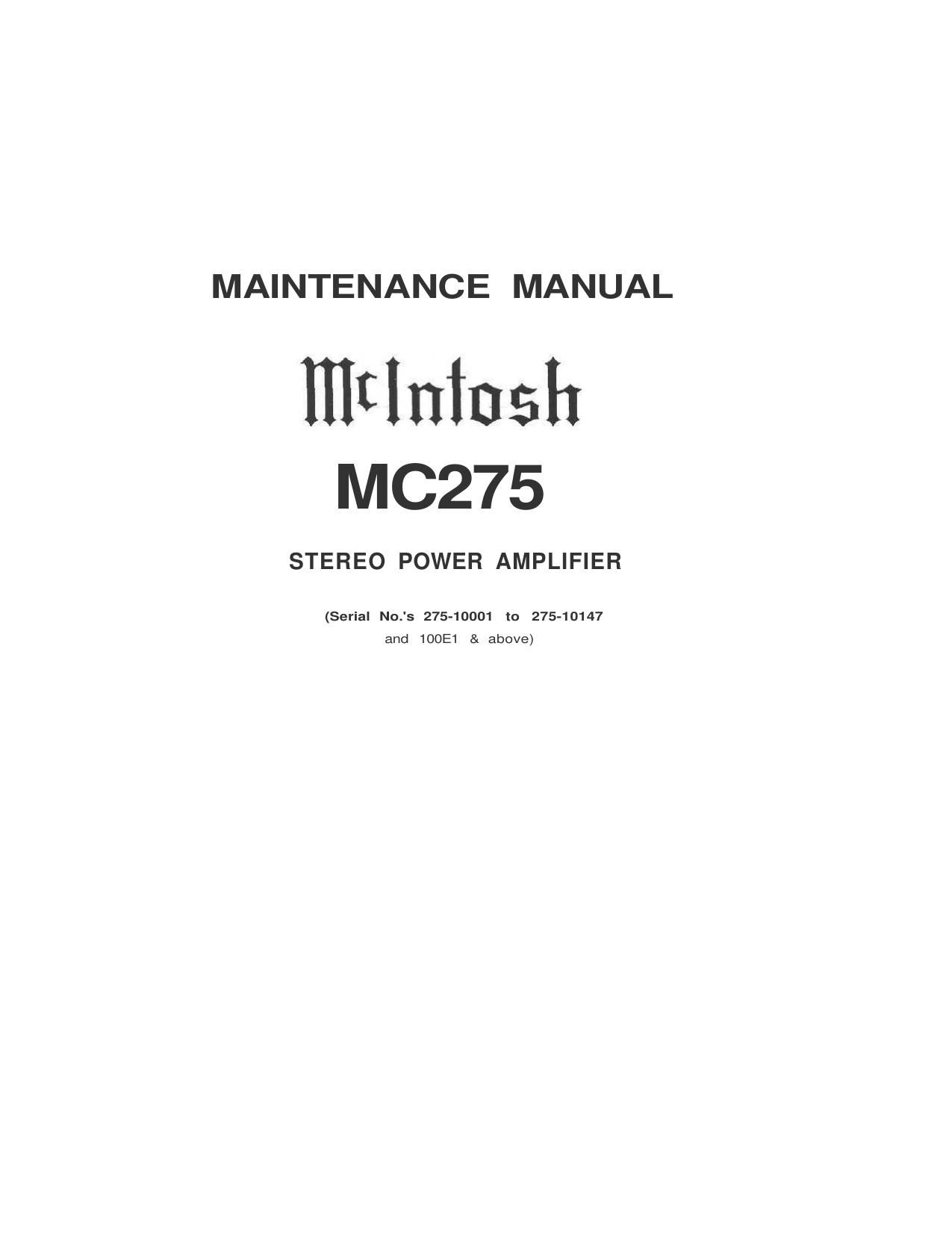 McIntosh MC 275 Service Manual