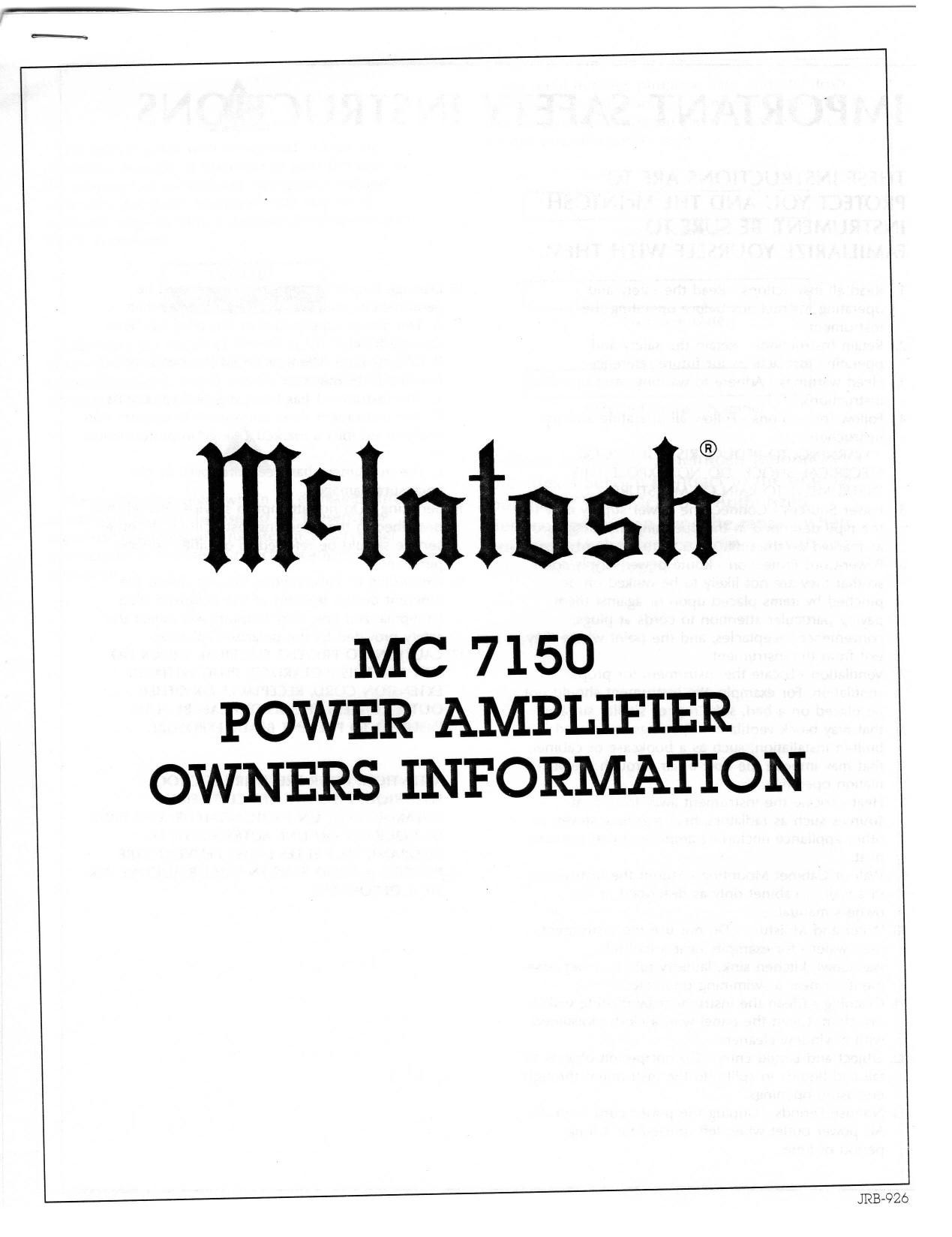 McIntosh MC 7150 Owners Manual