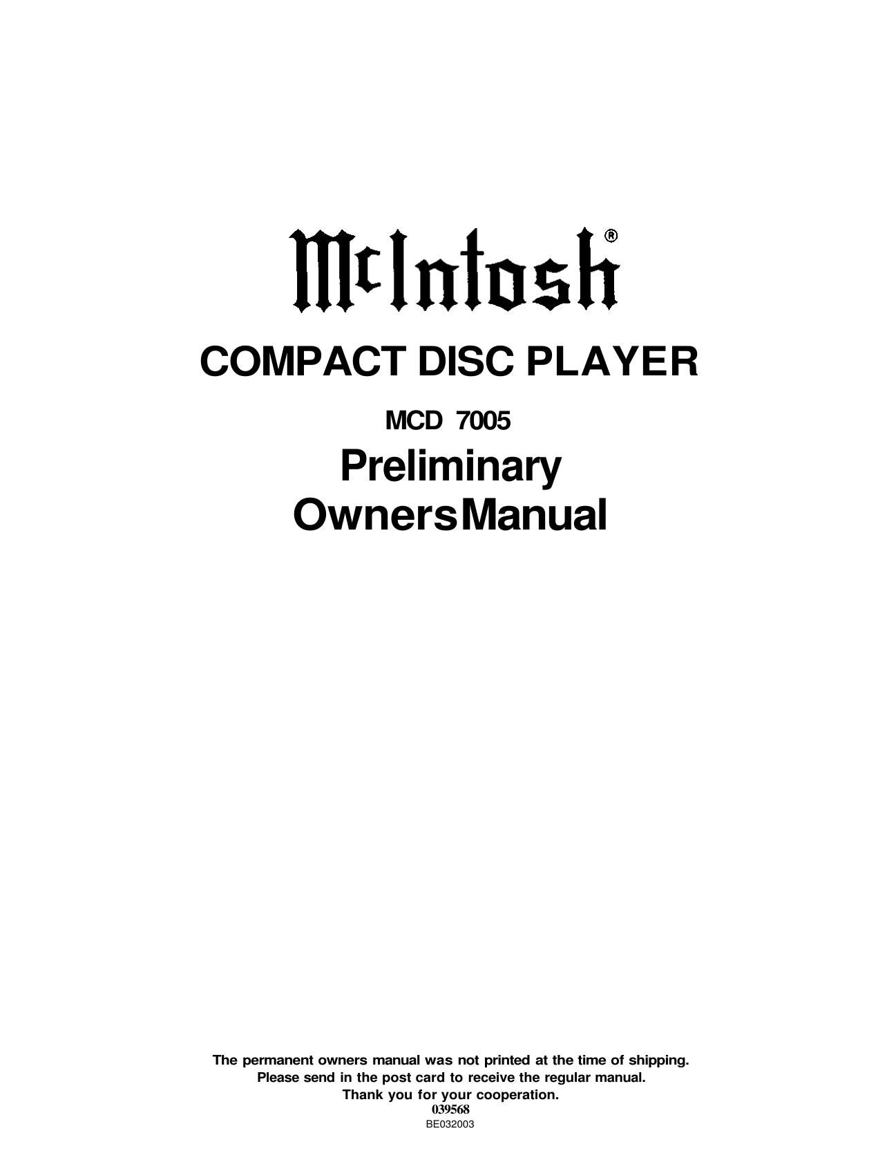 McIntosh MCD 7005 Owners Manual
