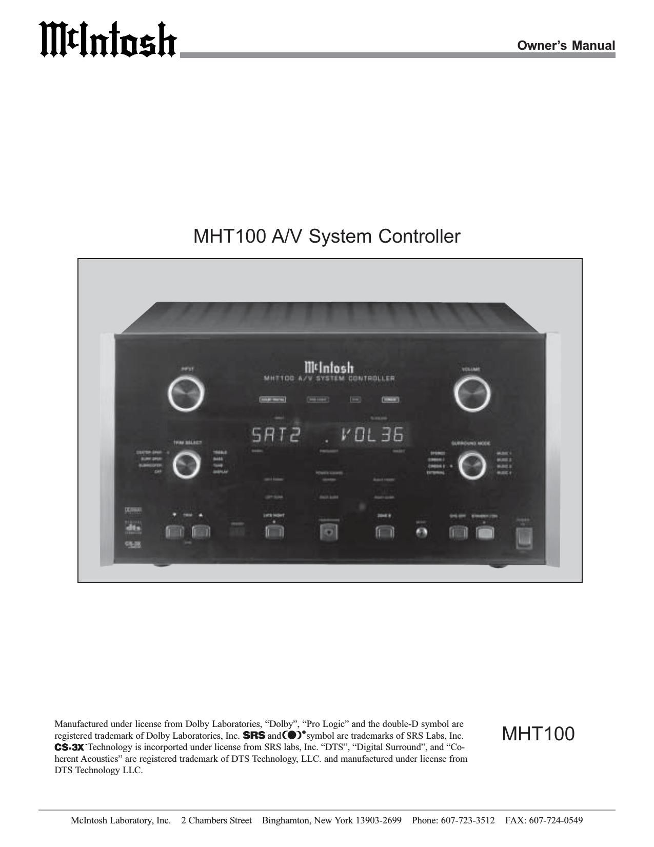 McIntosh MHT 100 Owners Manual