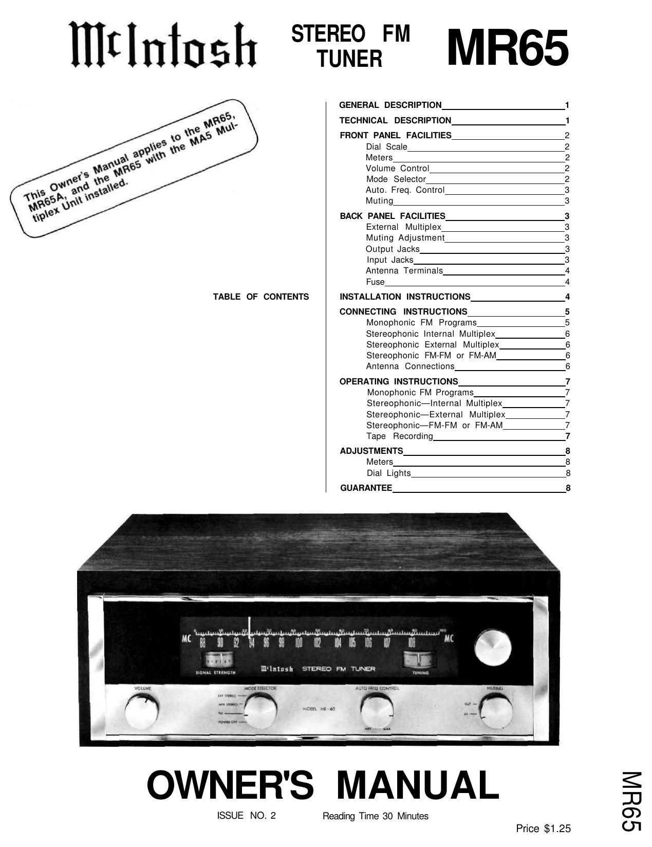 McIntosh MR 65 Owners Manual