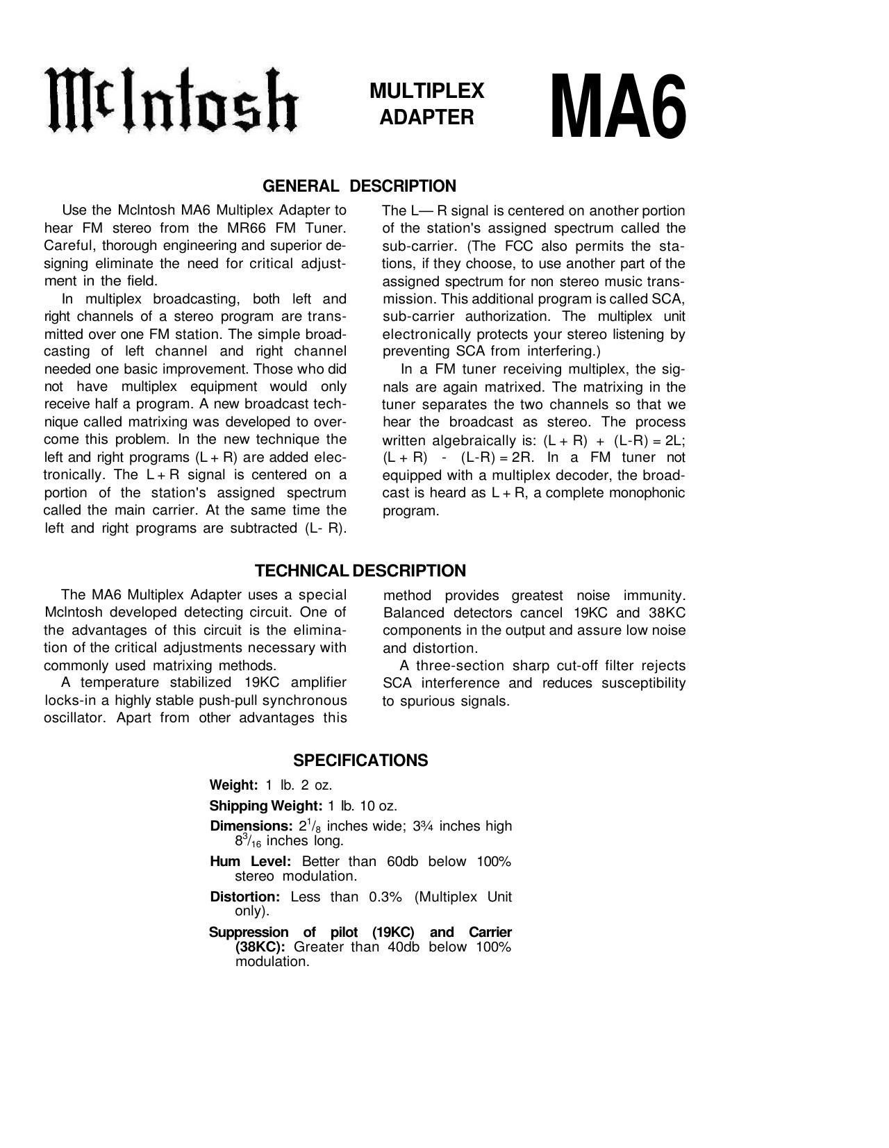 McIntosh MR 66 MA 6 Owners Manual