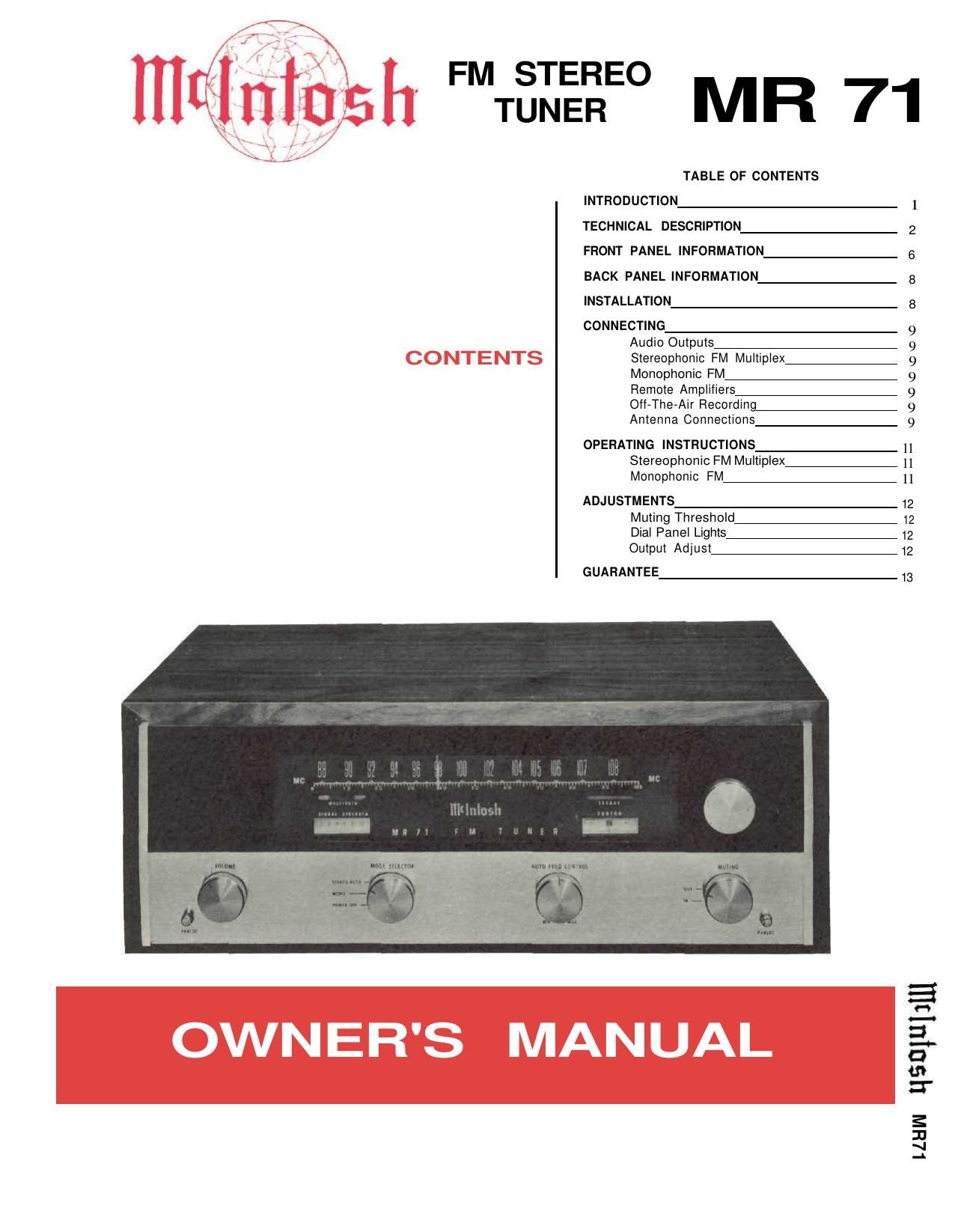 McIntosh MR 71 Owners Manual