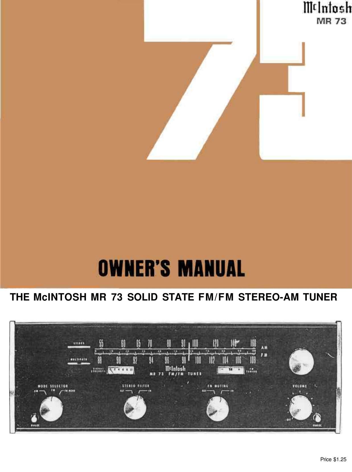 McIntosh MR 73 Owners Manual