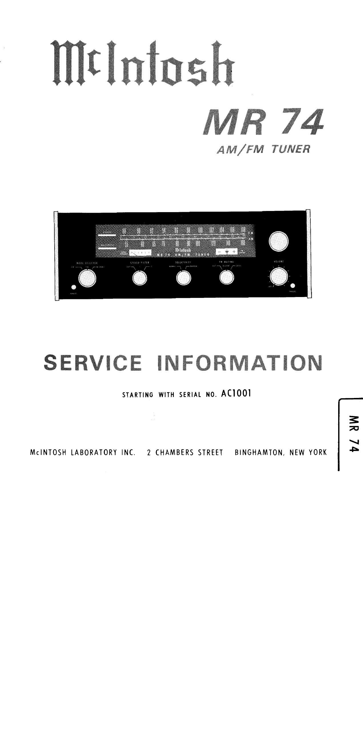 McIntosh MR 74 Service Information