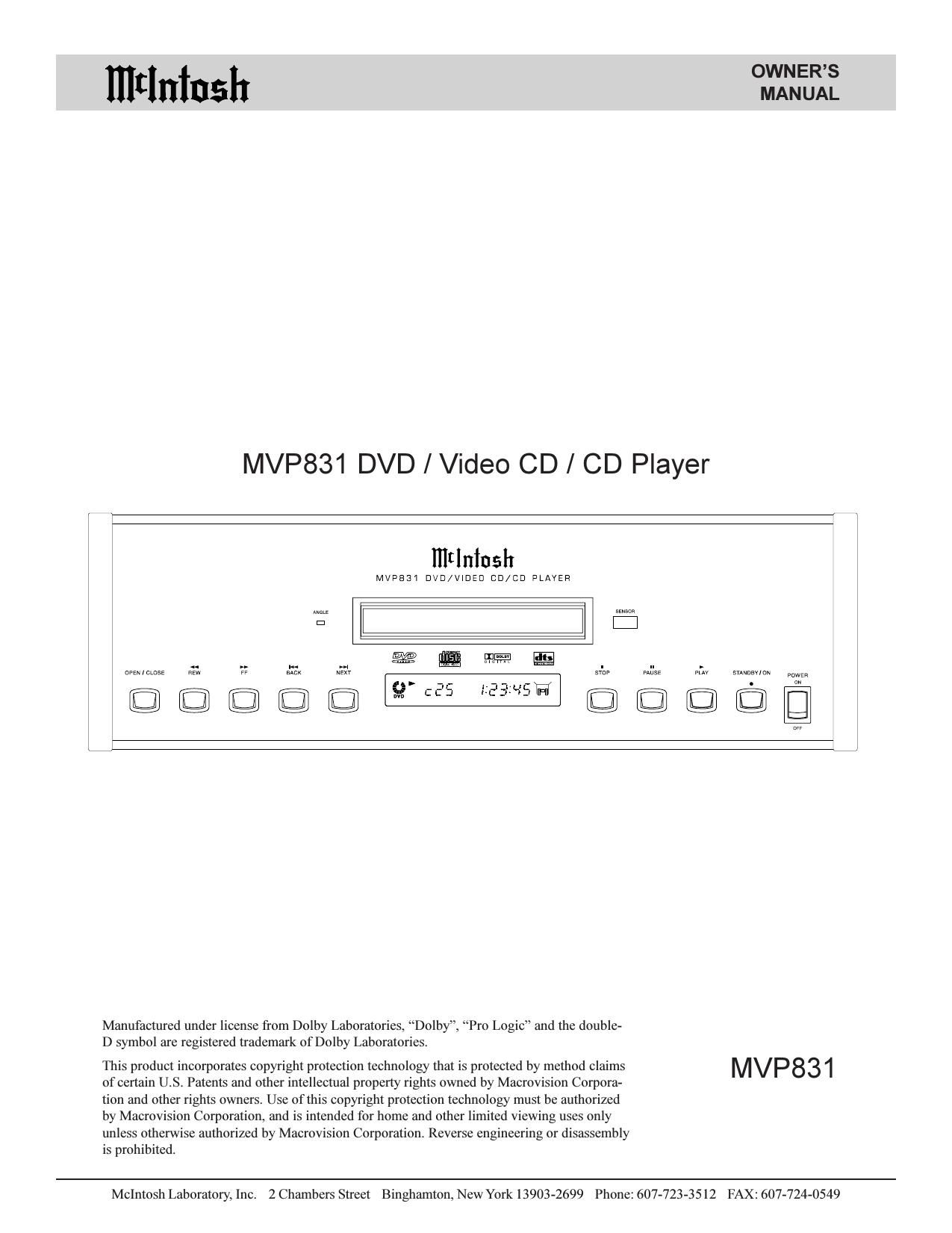 McIntosh MVP 831 Owners Manual