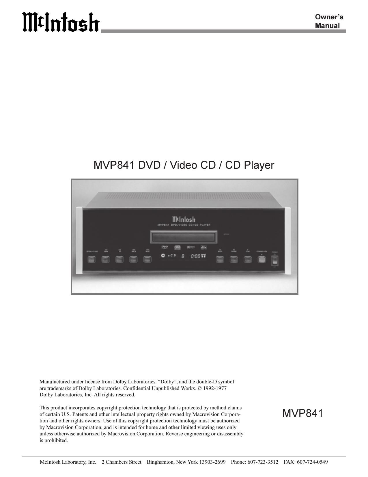 McIntosh MVP 841 Owners Manual