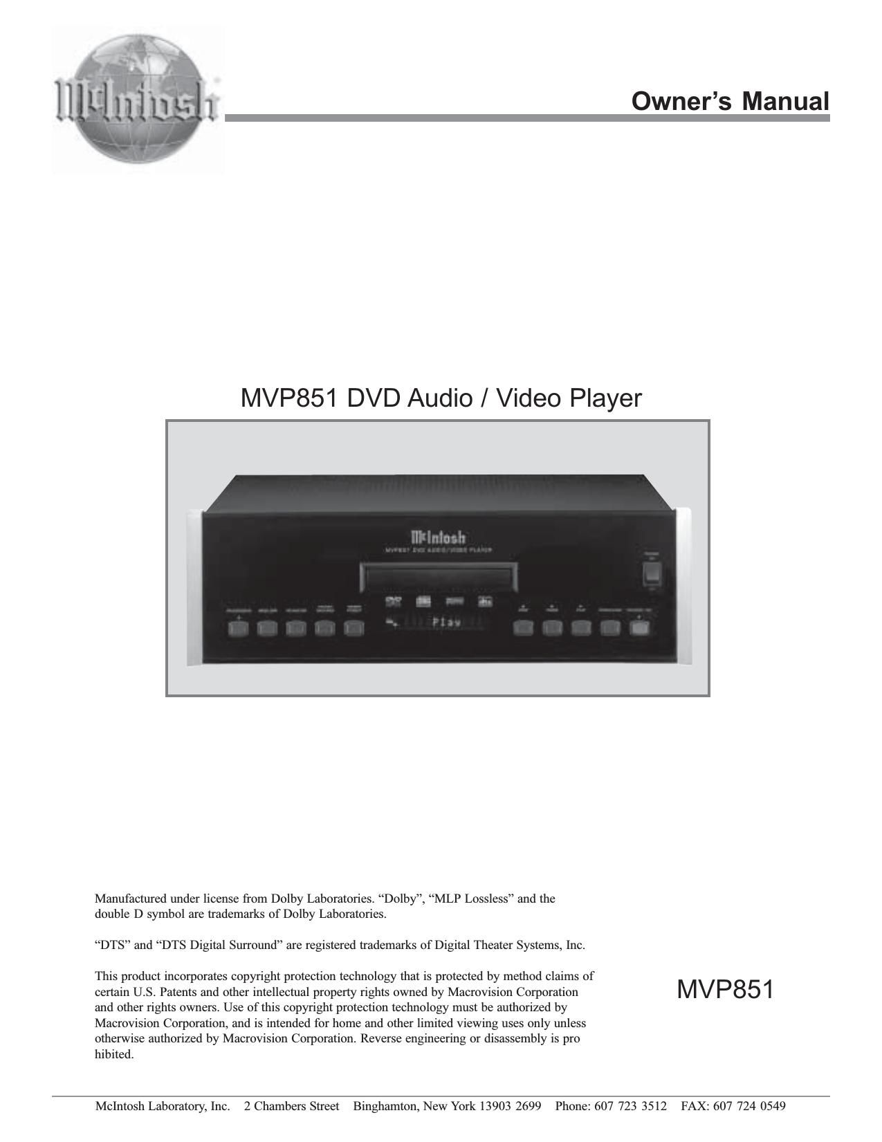 McIntosh MVP 851 Owners Manual