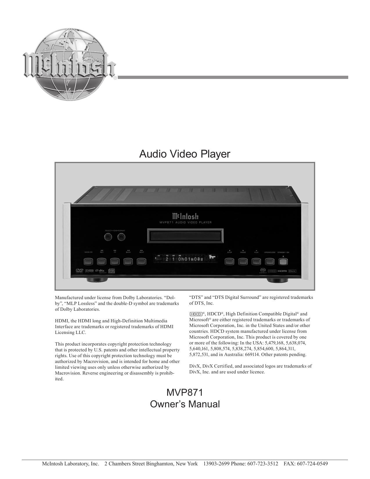 McIntosh MVP 871 Owners Manual