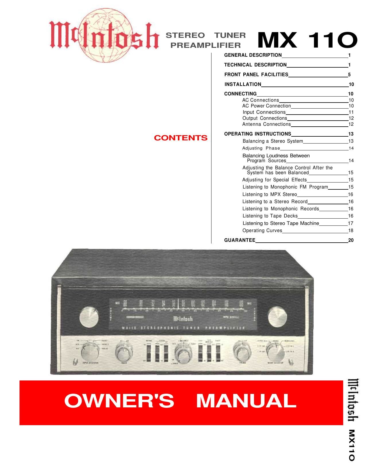 McIntosh MX 110 Owners Manual