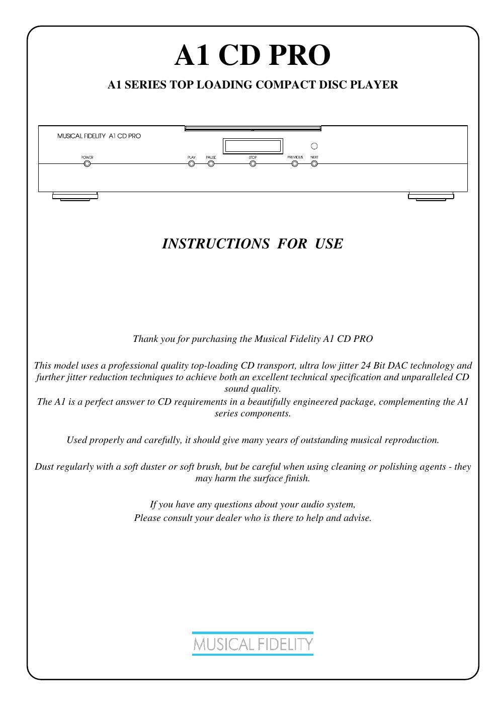 musical fidelity a 1 cdpro owners manual