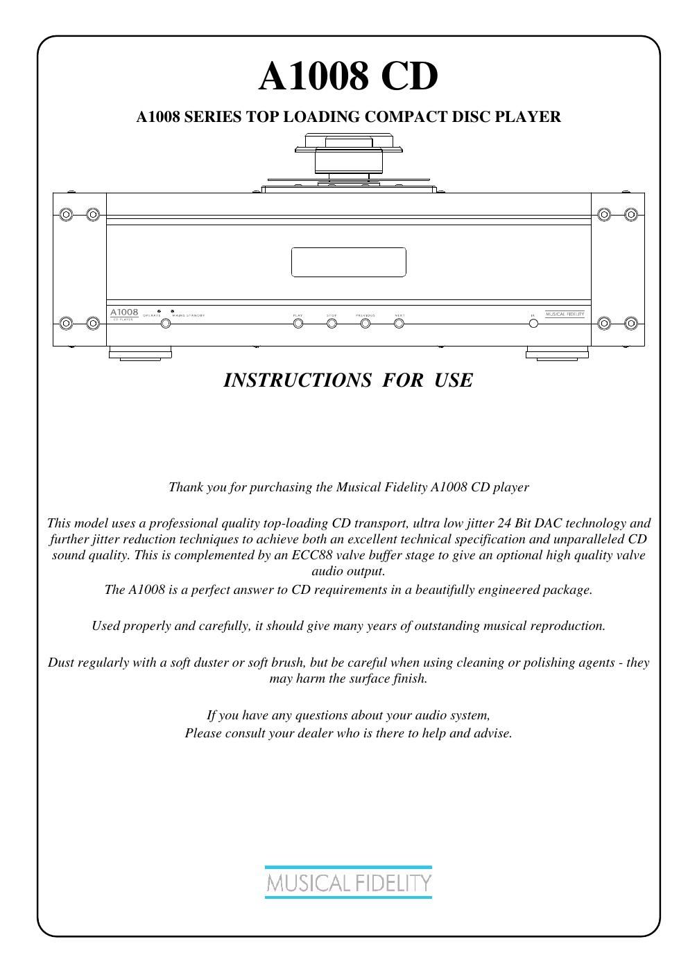 musical fidelity a 1008 cd player owners manual