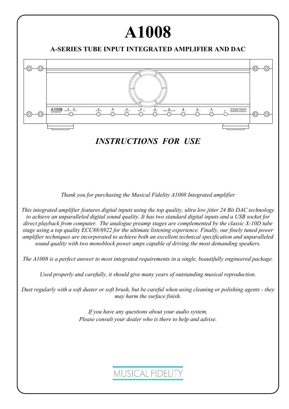 musical fidelity a 1008 integrated owners manual