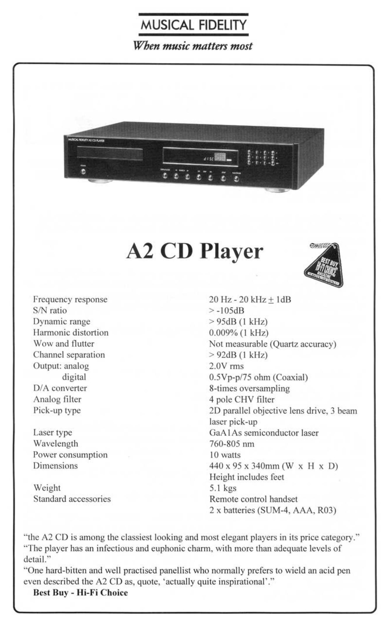 musical fidelity a 2 cd player brochure