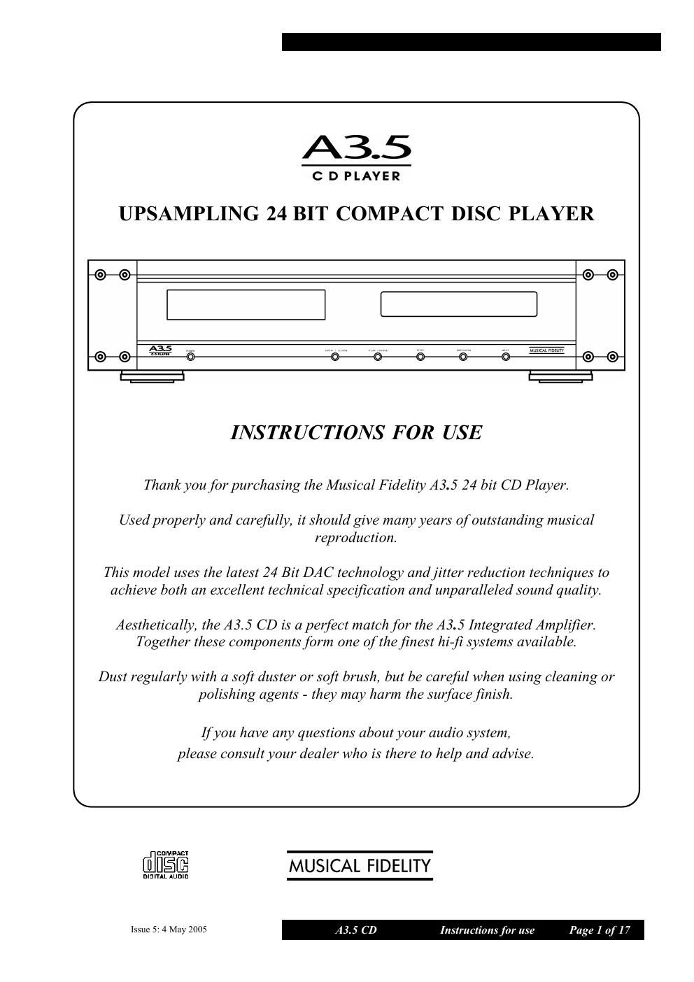 musical fidelity a 3 2 cd player owners manual