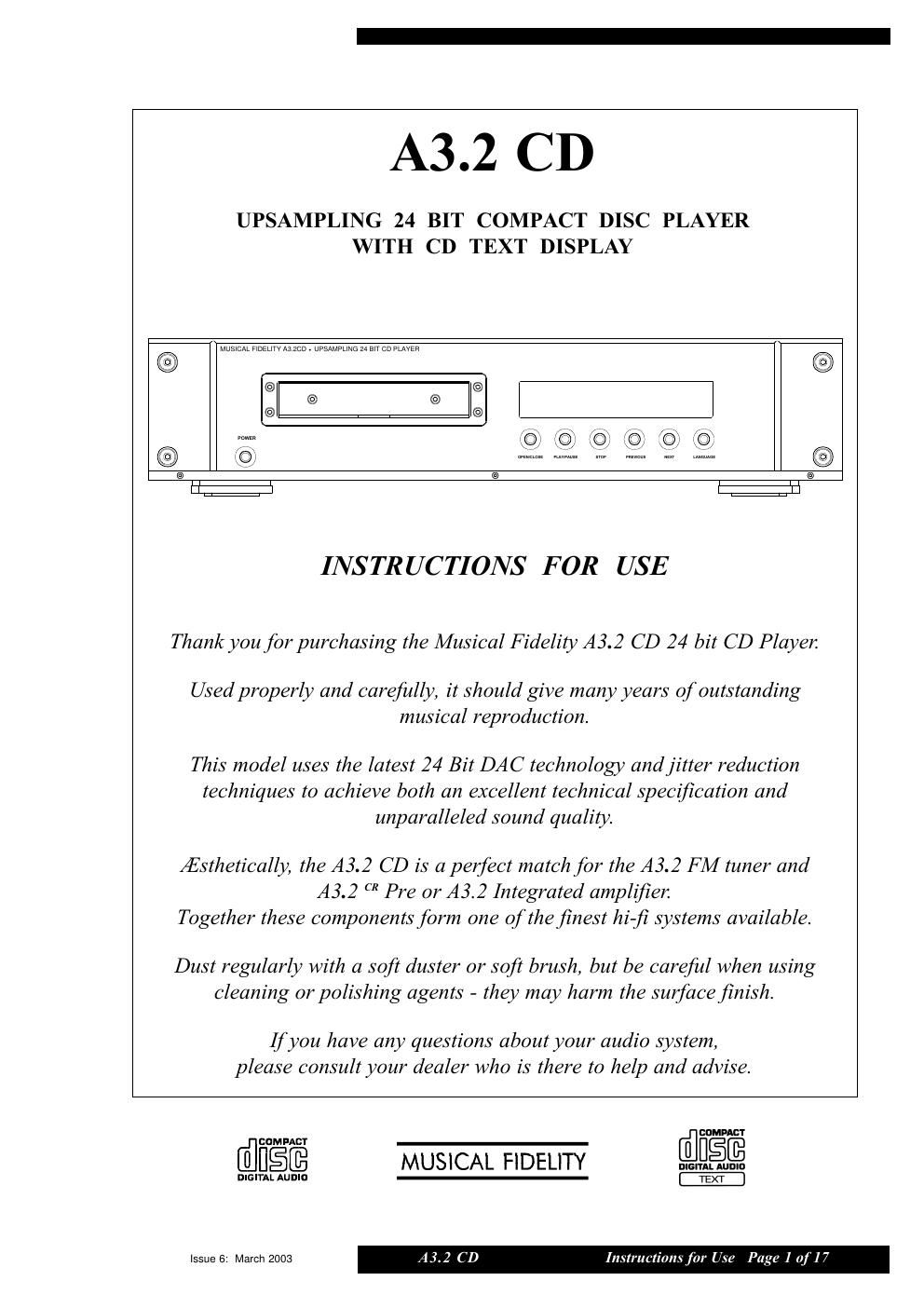 musical fidelity a 3 2 cr cd player owners manual