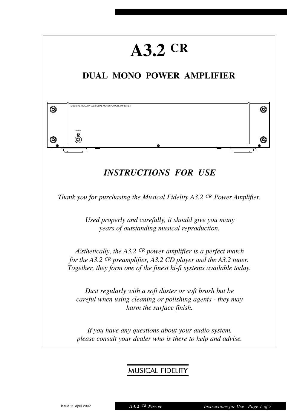 musical fidelity a 3 2 cr power owners manual