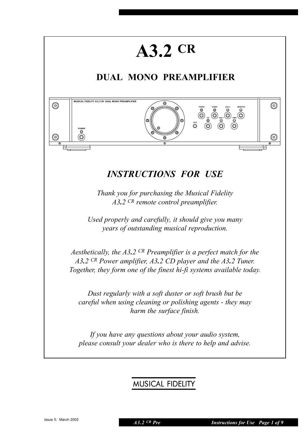 musical fidelity a 3 2 cr pre owners manual