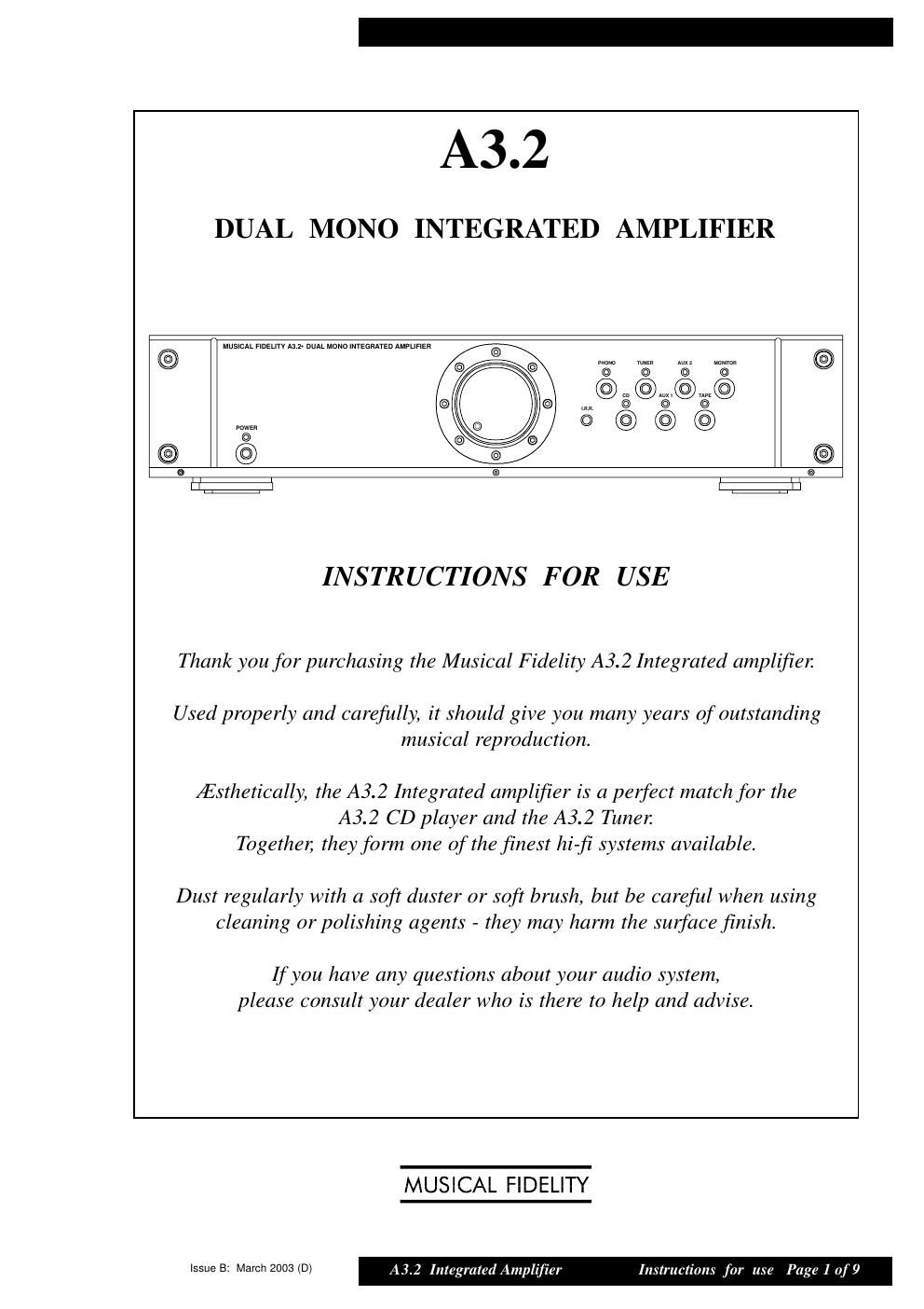 musical fidelity a 3 2 integrated owners manual