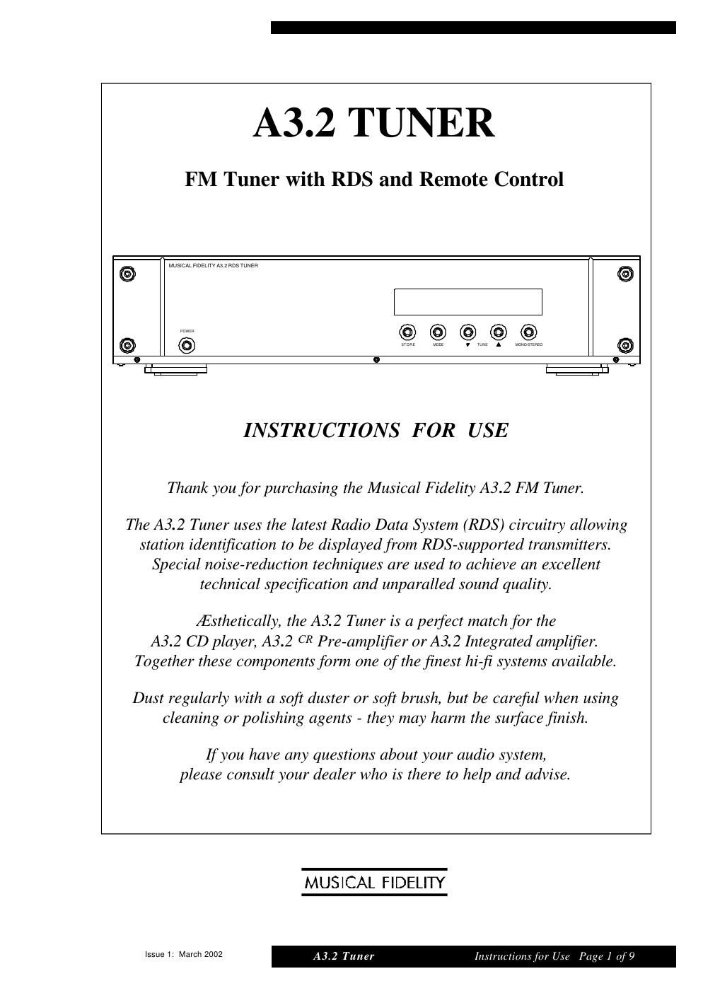 musical fidelity a 3 2 tuner owners manual