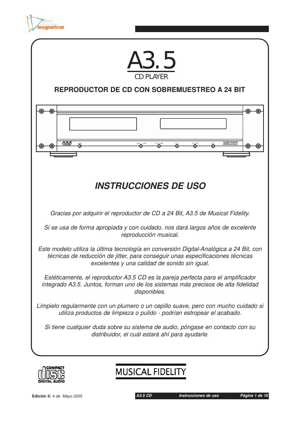 musical fidelity a 3 5 cd player owners manual