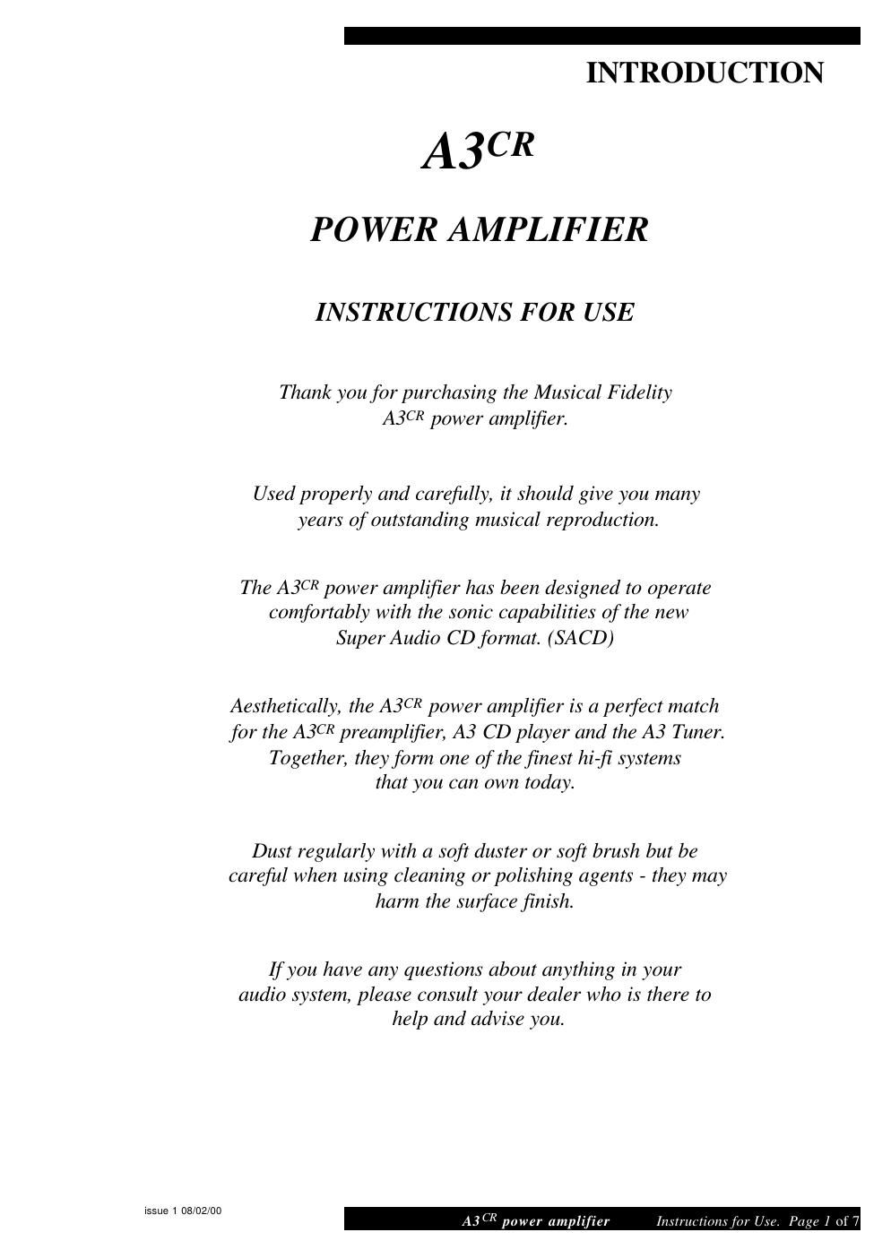 musical fidelity a 3 cr power owners manual