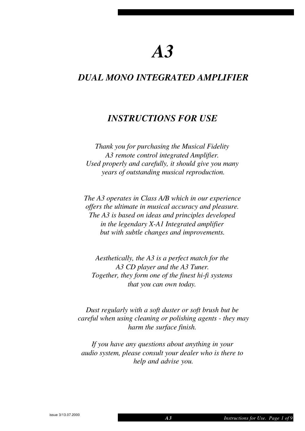 musical fidelity a 3 integrated owners manual