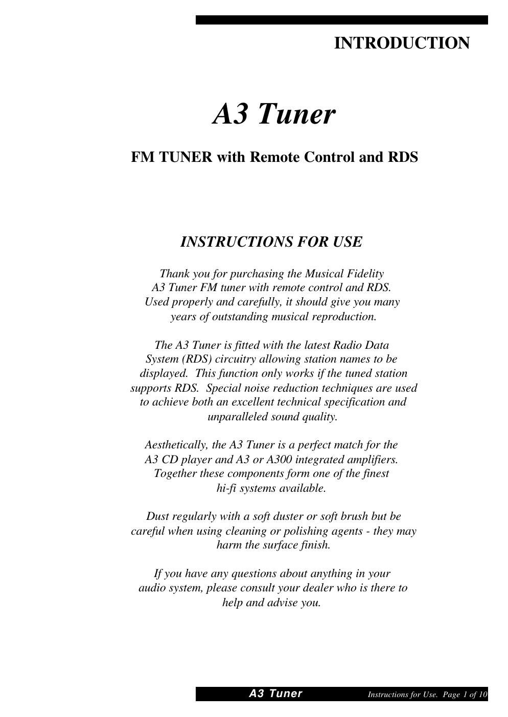 musical fidelity a 3 tuner owners manual