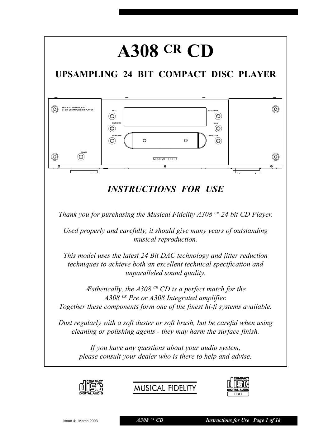 musical fidelity a 308 cr cd player owners manual