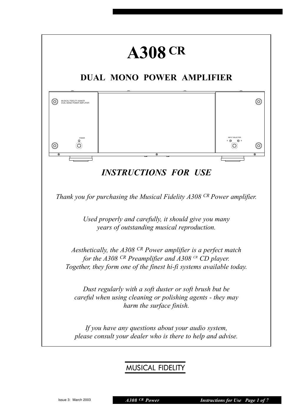 musical fidelity a 308 cr power owners manual