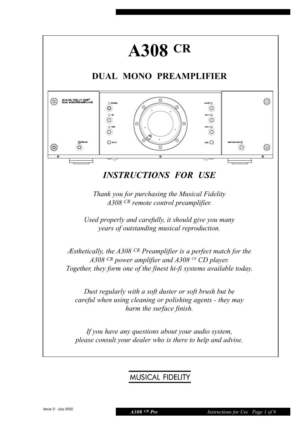 musical fidelity a 308 cr pre owners manual