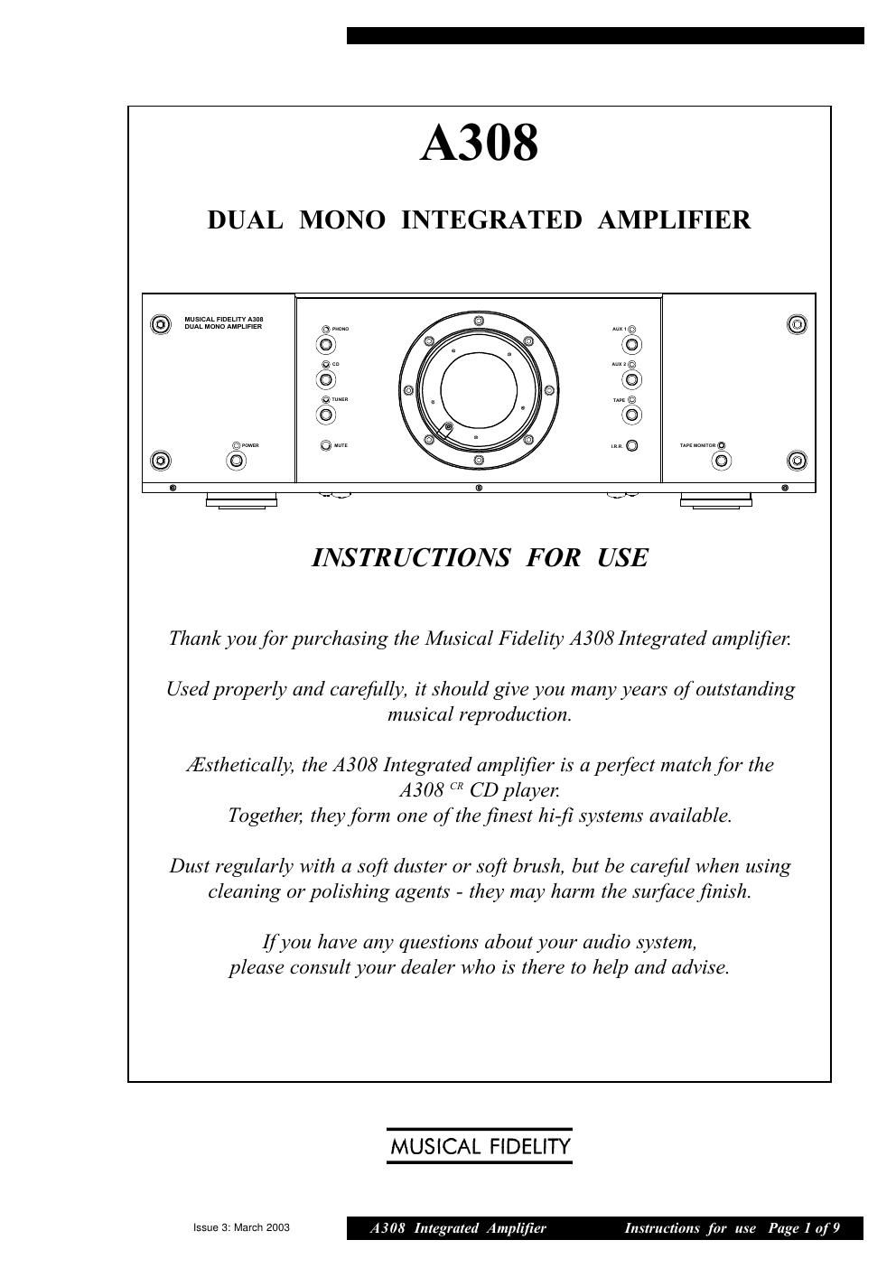 musical fidelity a 308 integrated owners manual