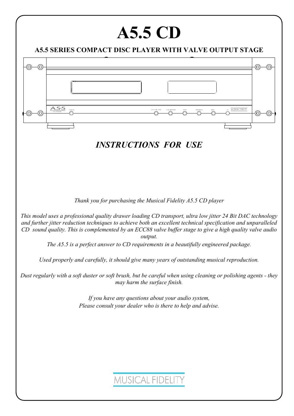 musical fidelity a 5 5 cd player owners manual