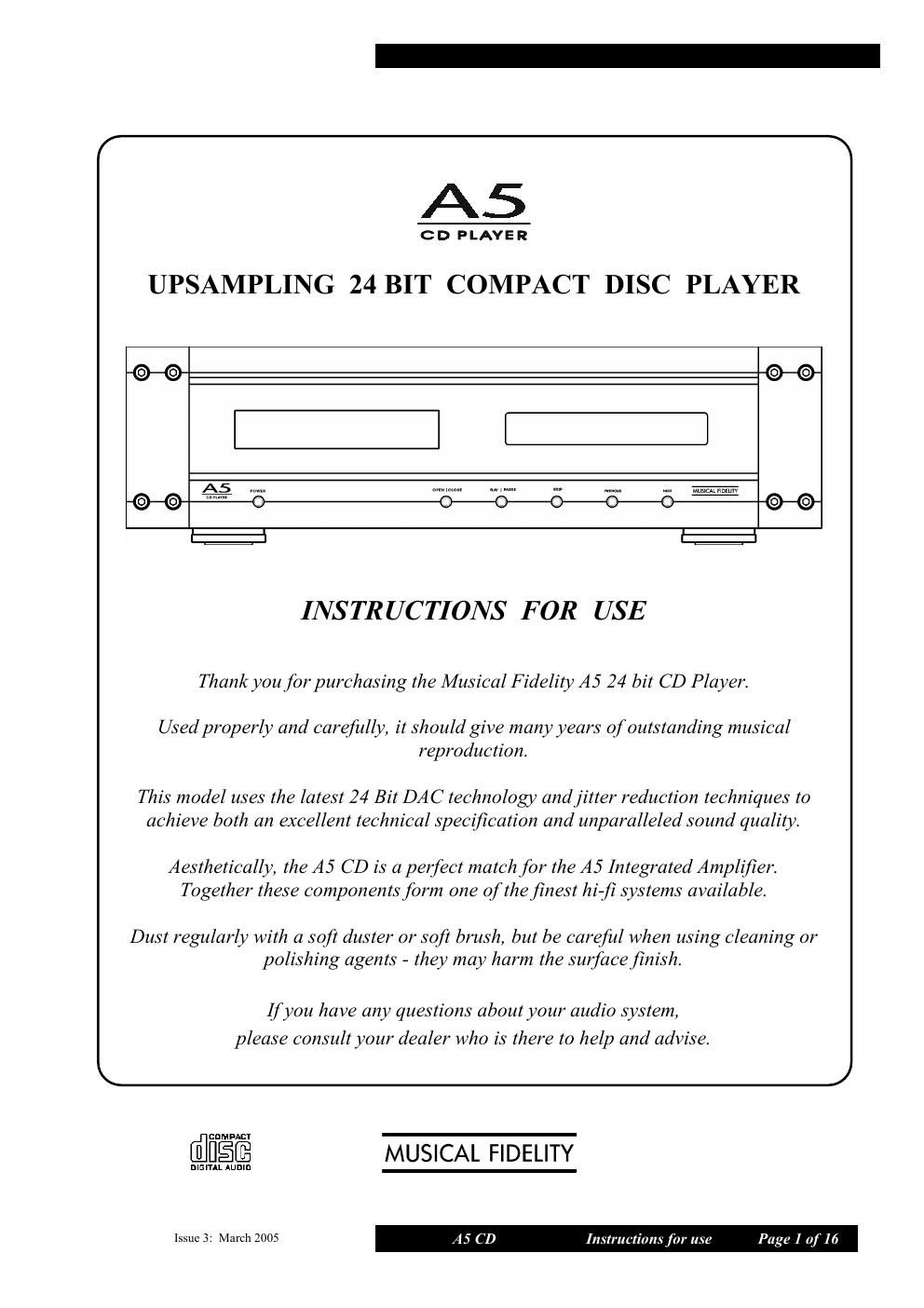 musical fidelity a 5 cd player owners manual