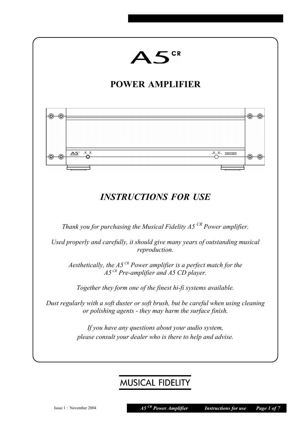 musical fidelity a 5 cr power owners manual