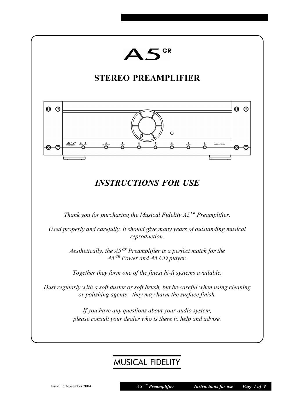 musical fidelity a 5 cr pre owners manual