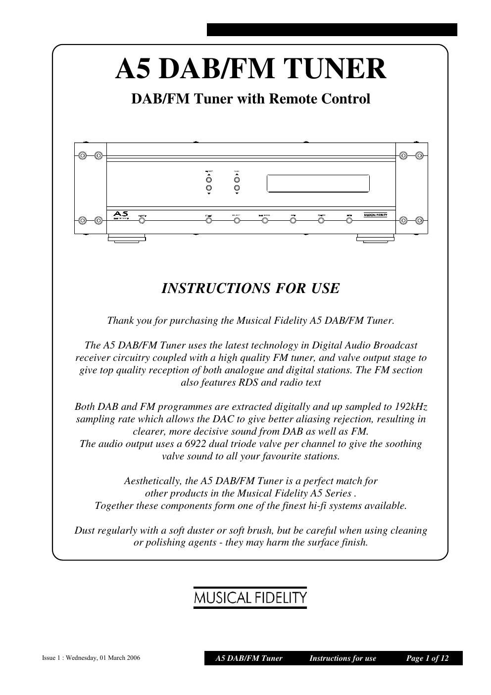 musical fidelity a 5 dabfm owners manual