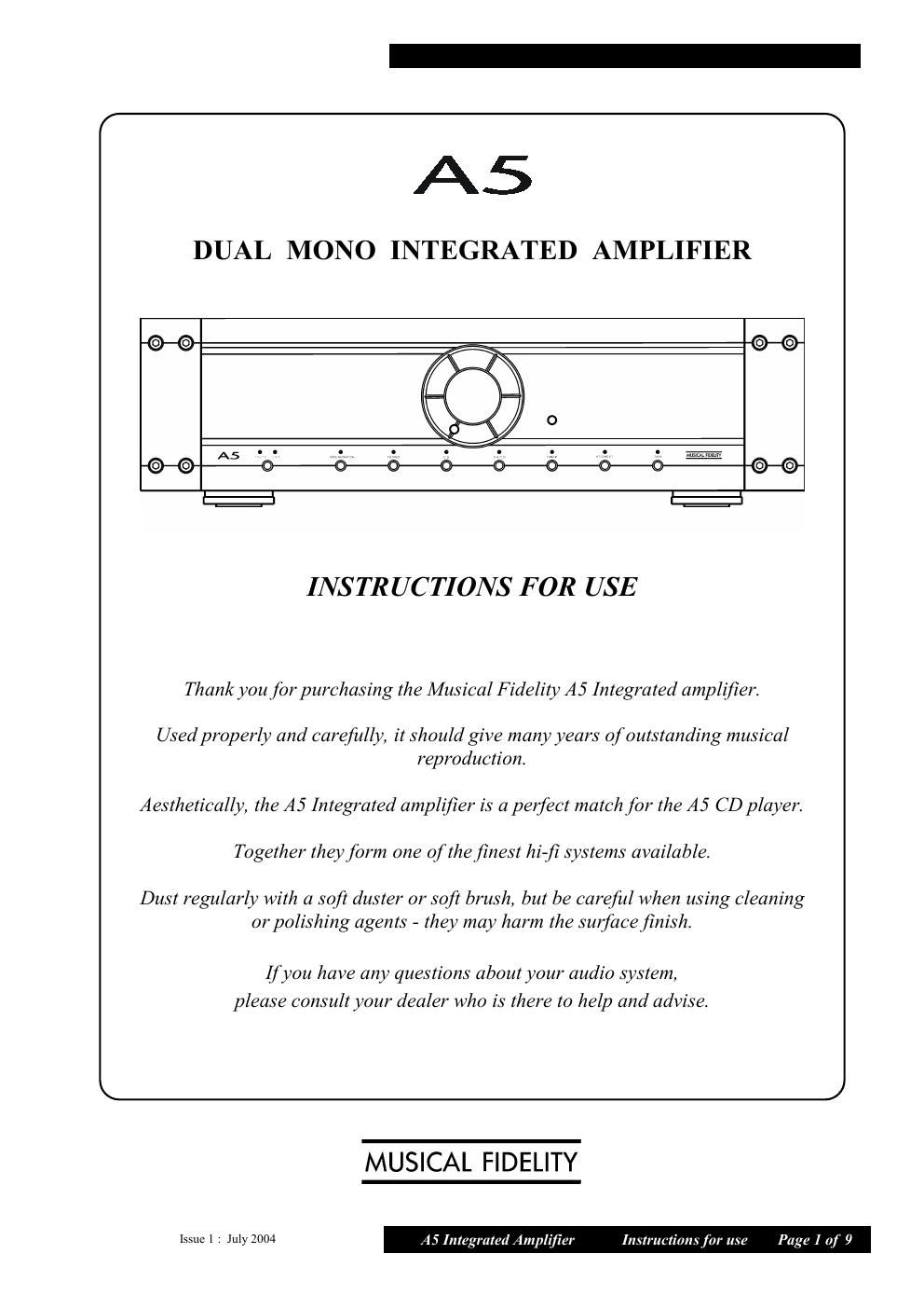 musical fidelity a 5 integrated owners manual