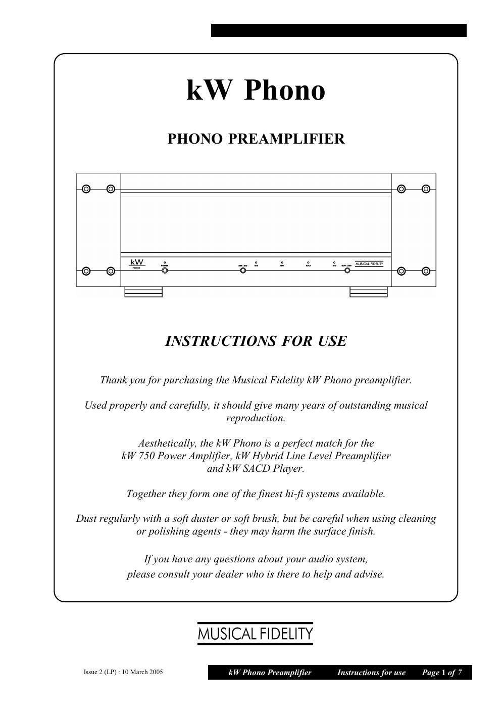 musical fidelity kw phono owners manual